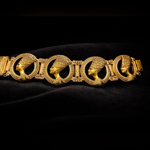 Jewelry - Vintage Egyptian Revival Statement Bracelet — Gold Tone Pharaoh Motif —Unsigned